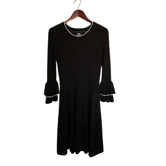 Vince Camuto Women S Black & White Sleeved Ruffled Fit & Flare Midi Knit Dress - Picture 7 of 13